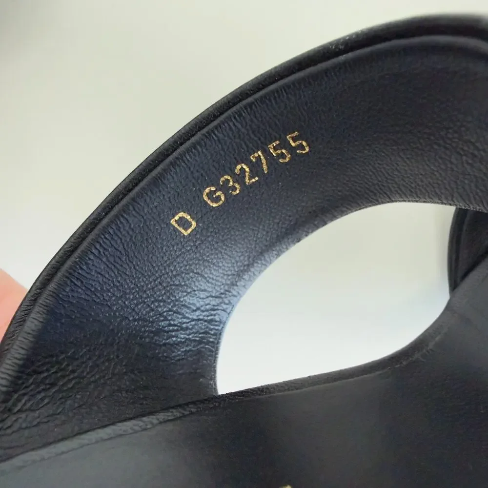 CHANEL‎ Pearl Heel Mules 35 1/2 Black Leather Double Strap Slide Heeled Sandals
